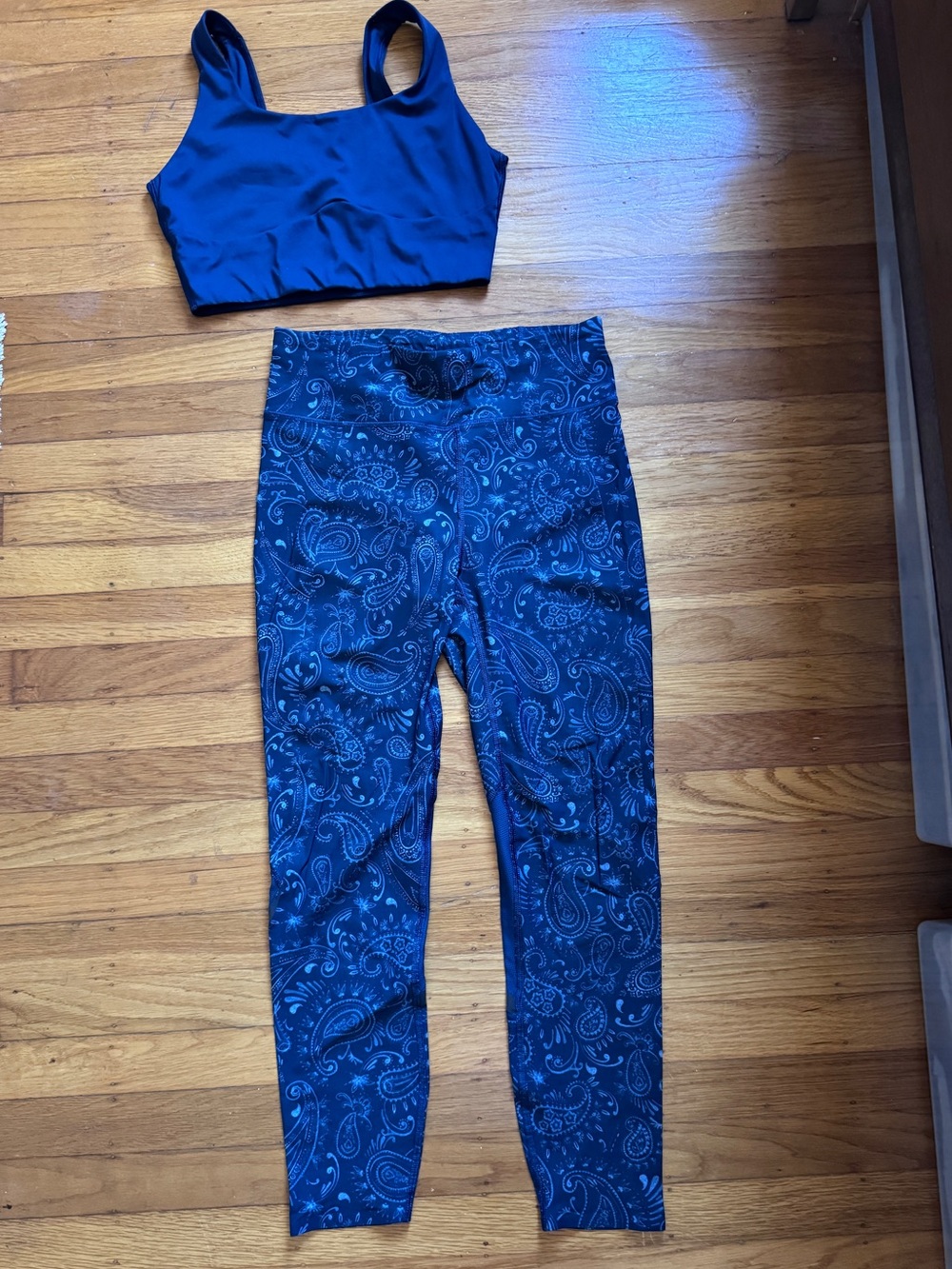 Sweaty Betty + GymShark blue paisley workout set